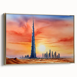 Framed canvas depicting the Burj Khalifa amid a black and gold landscape, ideal for bedroom wall decor.