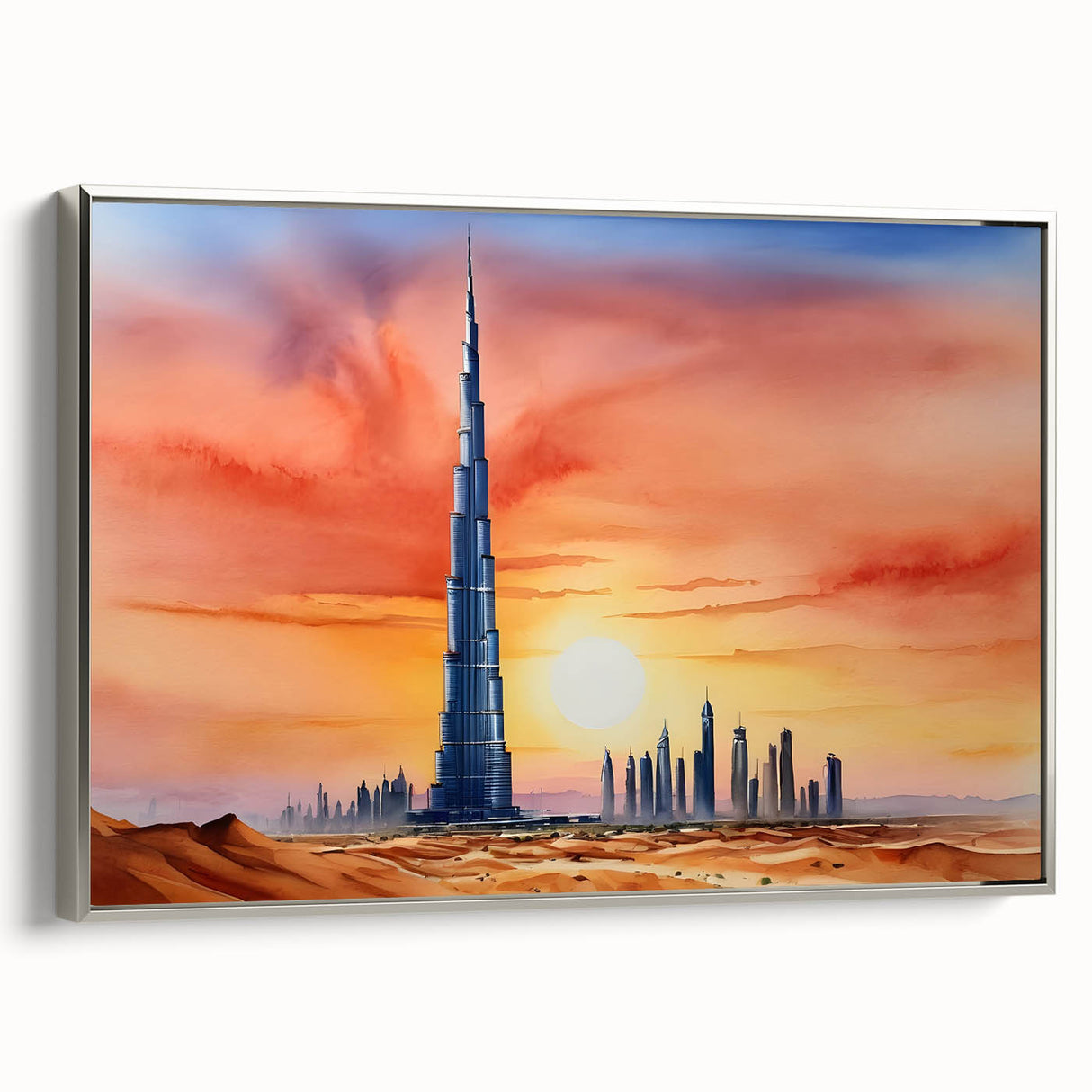 Framed canvas landscape art painting of Burj Khalifa in muted black and silver tones, suitable for modern office decor.