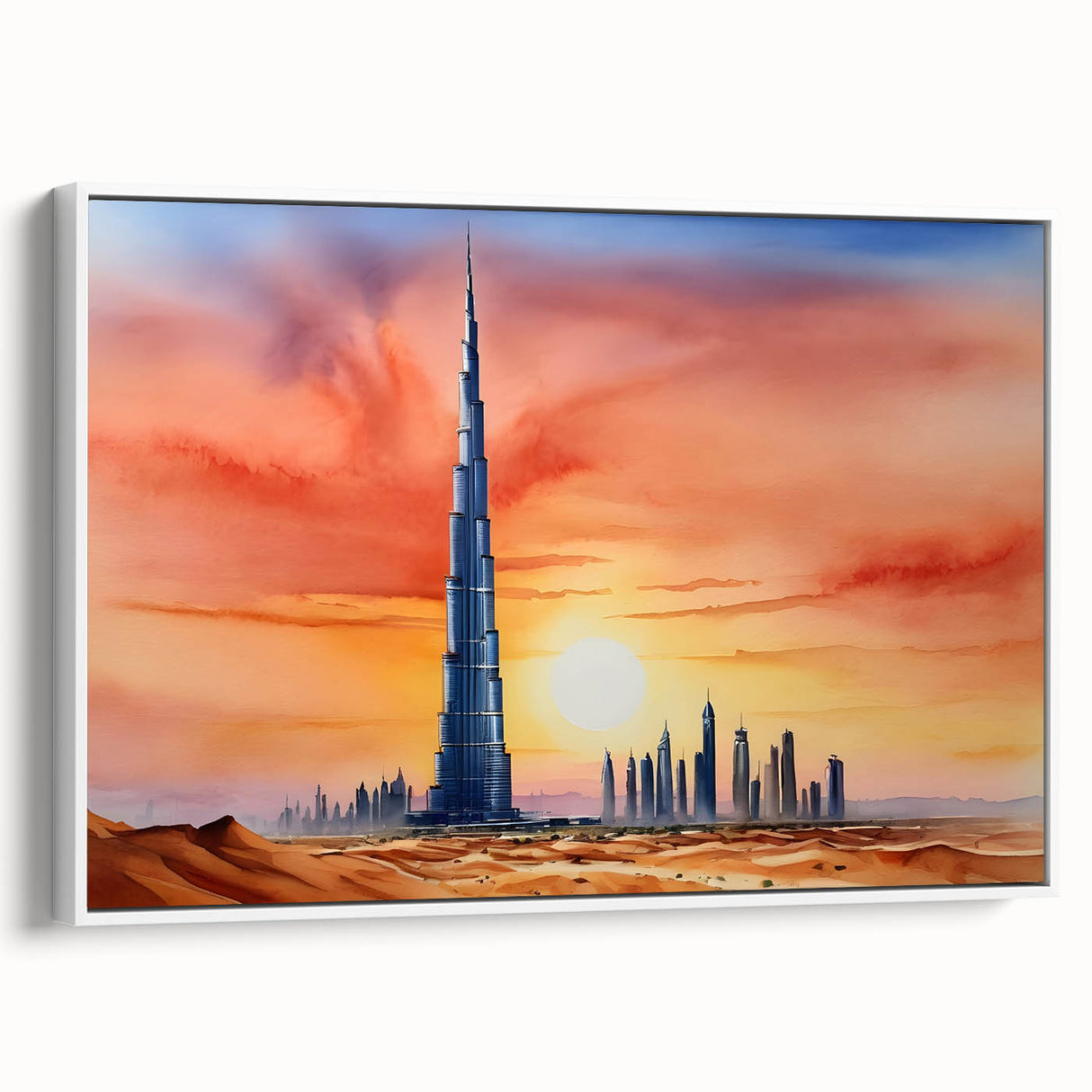 Vintage poster art of the Burj Khalifa, featuring colorful art on a black background, framed canvas, ideal for living room.