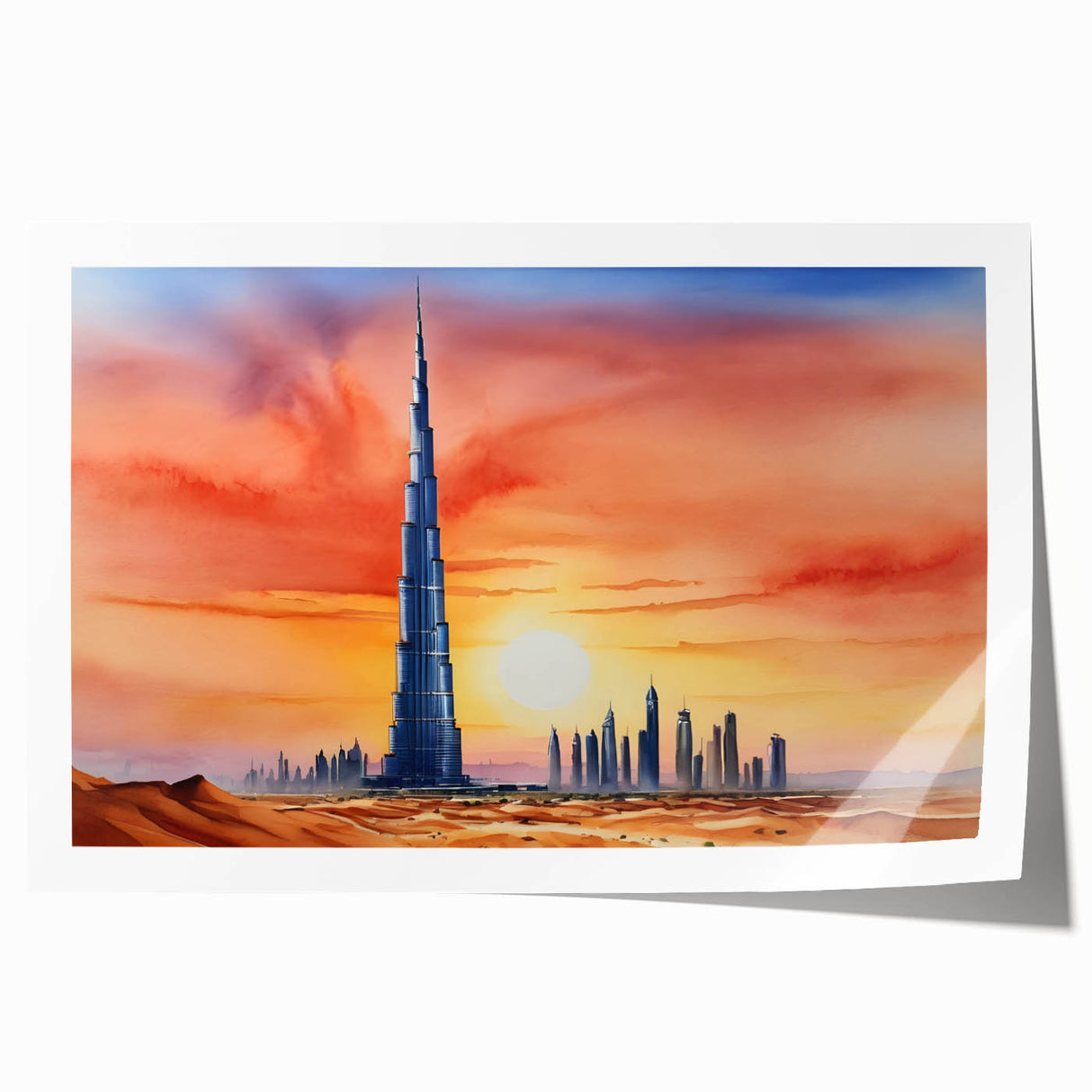 Extra large rolled print of Burj Khalifa skyline in muted grays and blues, ideal for art wall dining room.