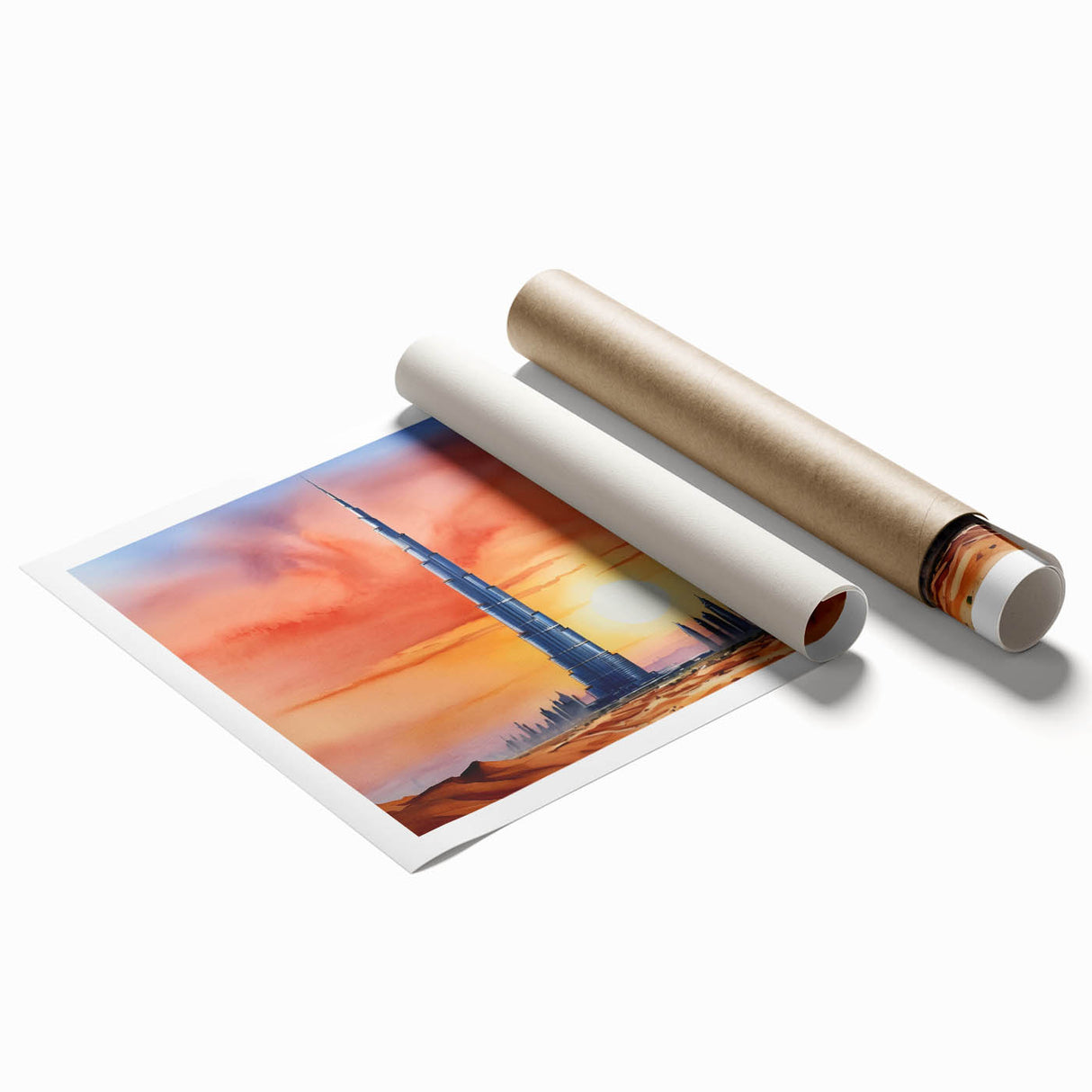 Extra large rolled print of the Burj Khalifa amidst floral designs in muted colors, ideal for classy bathroom wall art.