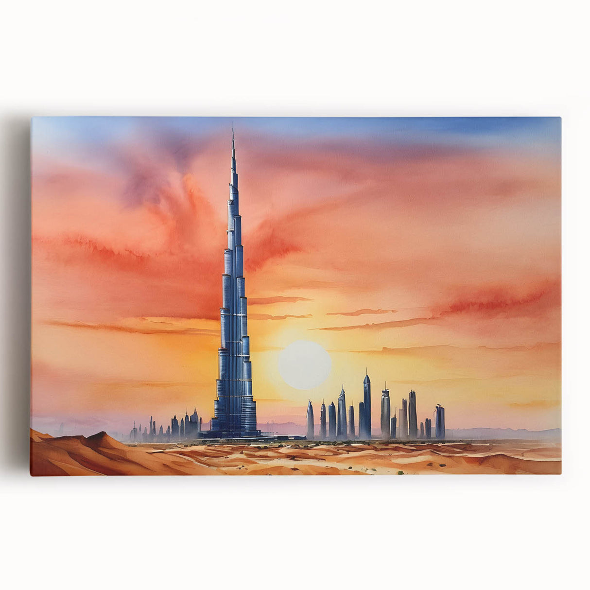 Black and white large art print of the Burj Khalifa on stretched canvas, ideal for kitchen wall art.