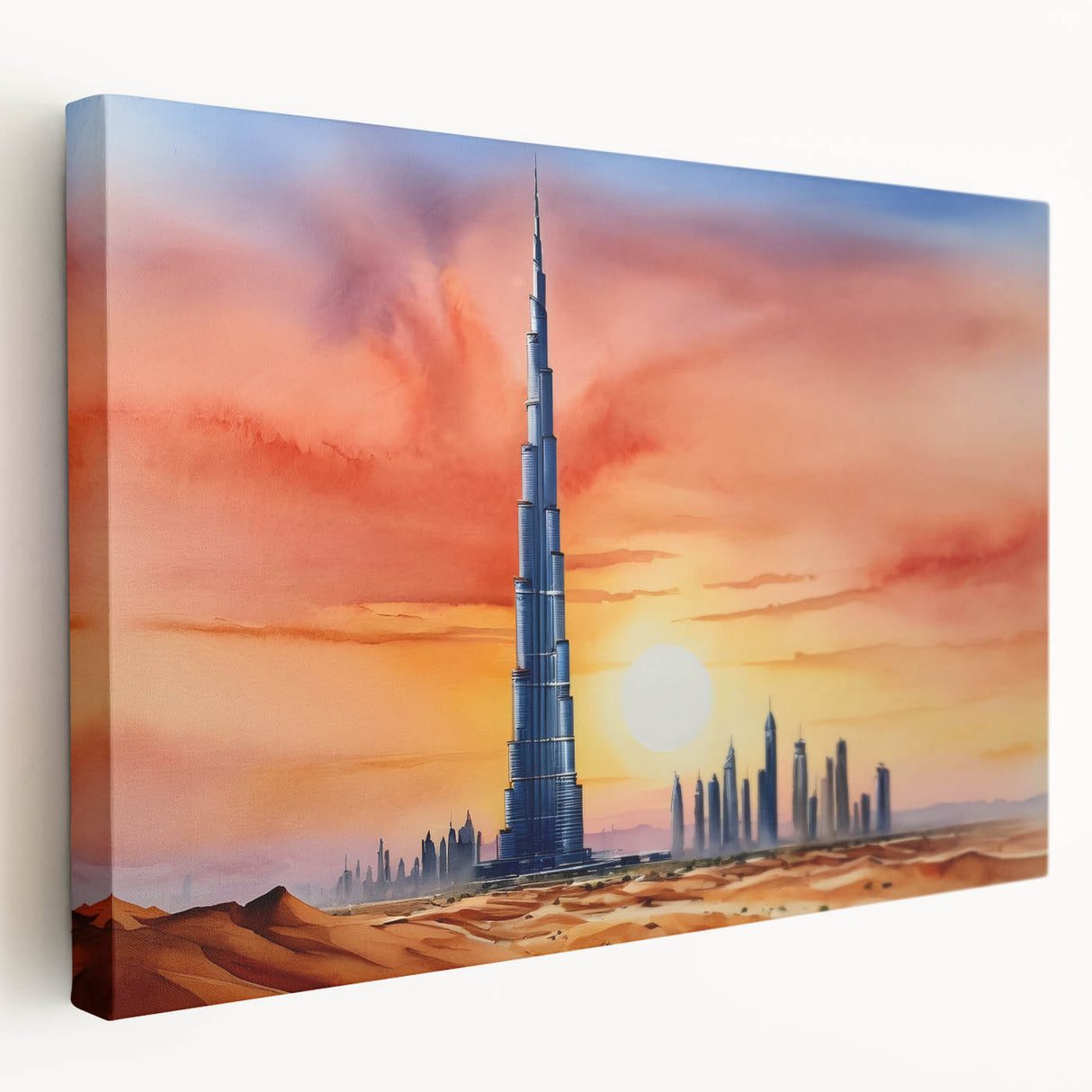 Side view of a large stretched canvas depicting the Burj Khalifa amidst a blue and gray cityscape.