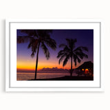 Abstract art print of a serene Oceania Fiji scenery in muted blue and green tones on a white-framed canvas.