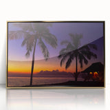 Mid-century modernist acrylic print of a Fiji landscape in soft blues and greens, framed in gold.