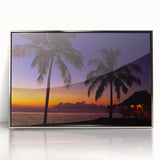 Mid-century modernist art depicting a serene Fiji beach scene in soft blue and sand tones, framed acrylic.