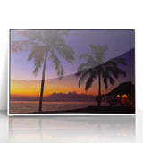 Art deco poster depicting a serene Fiji beach scene in muted blue and white tones, framed acrylic.