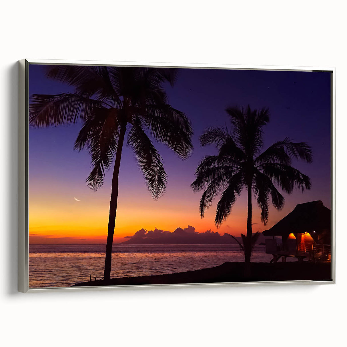 Framed canvas featuring a vintage-style landscape painting of Fiji with muted black and silver tones.