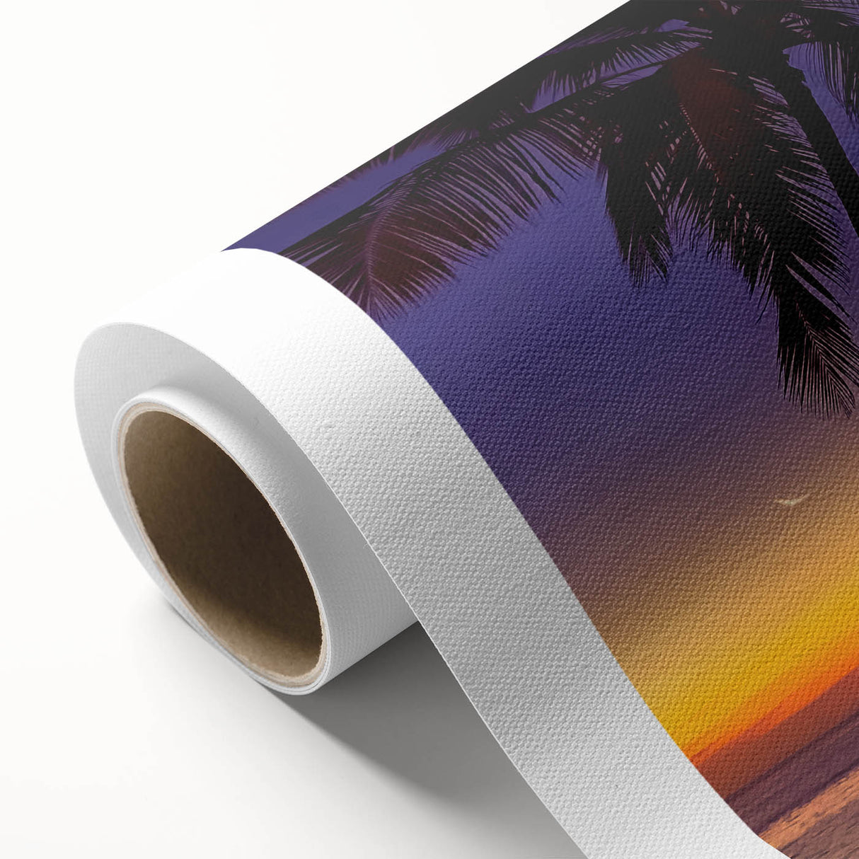 Art Deco style poster of an oceanic Fiji scenery on rolled canvas, featuring muted blue and green tones.