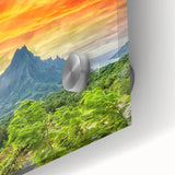 Large abstract wall art of Bora Bora's oceanic landscape in pastel blues and greens on acrylic glass.