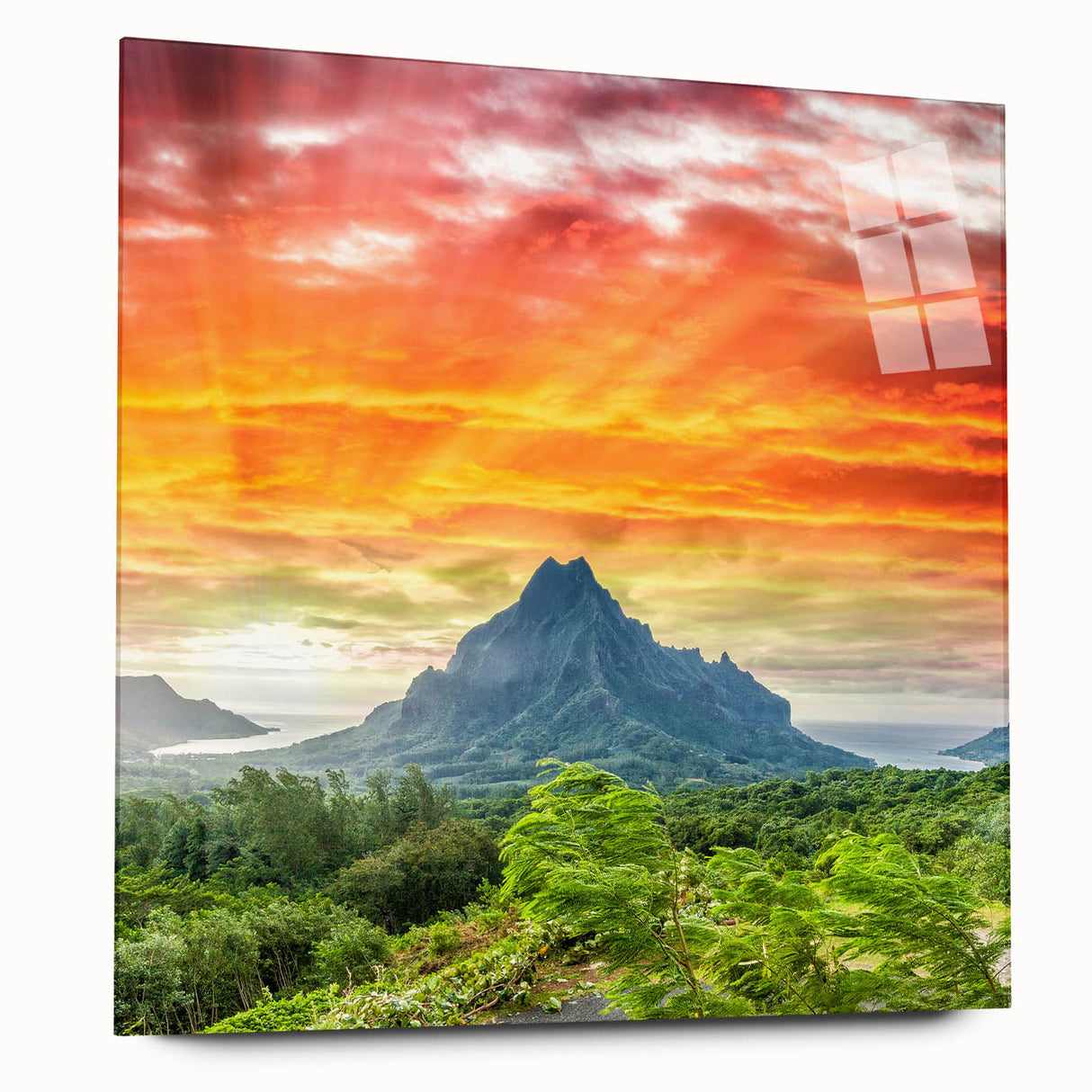 Large abstract wall art of Bora Bora scenery on acrylic glass, featuring blue and turquoise ocean tones.