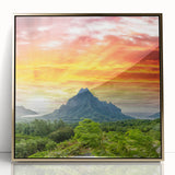 Large art print of Bora Bora scenery in mid-century modernist style, featuring turquoise waters and lush greenery.