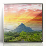 Mid-century modernist art depicting Bora Bora with vibrant blue and green hues on a silver-framed acrylic print.