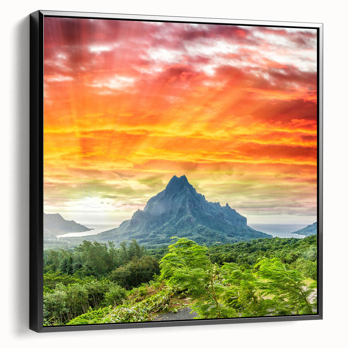 Black and white framed canvas of a Bora Bora landscape, ideal for bedroom wall art.