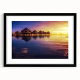 Extra large colorful art print depicting an abstract Tahitian landscape in vibrant hues on a black-framed canvas.