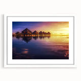 Abstract art print of a serene Tahitian landscape in cool blue and green tones, framed in white.
