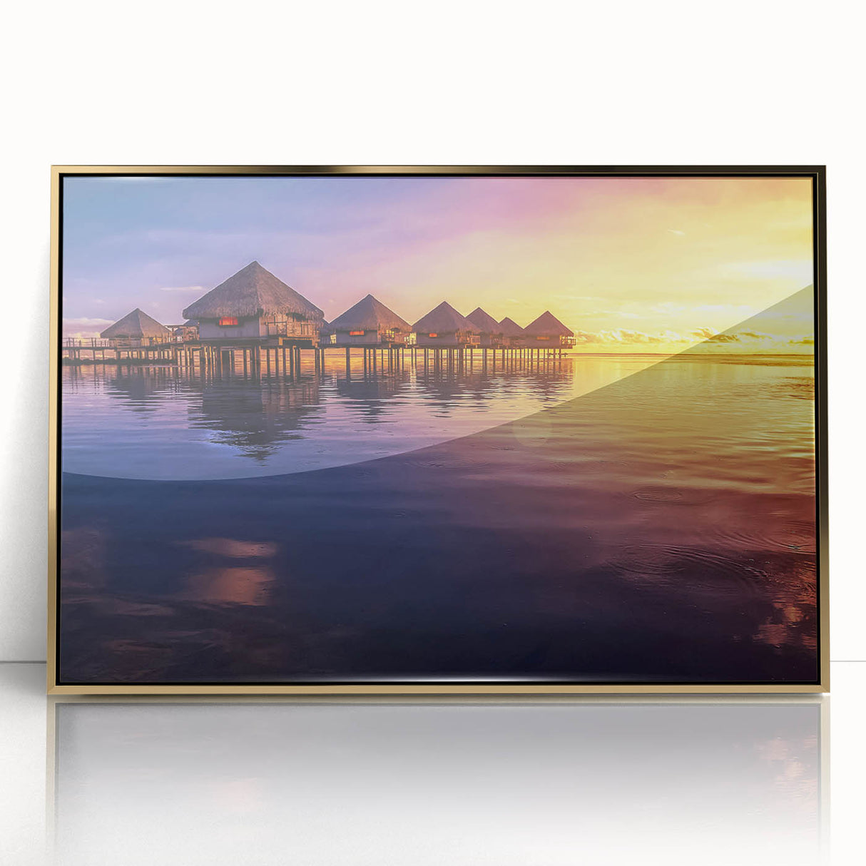 Mid-century modernist art of a Tahitian landscape in muted greens and blues on a framed acrylic print.