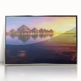 Mid-century modernist art of Tahitian scenery in soft blue and green hues on a silver-framed acrylic print.