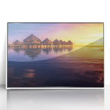 Art deco poster of Tahitian scenery in pastel shades on white framed acrylic, ideal for modern nursery wall art.