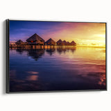 Black and white framed canvas of a Tahitian landscape, ideal for bedroom wall art with vintage poster style.