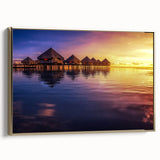 Framed canvas depicting a serene Tahitian landscape in muted greens and blues, ideal for bedroom wall art.