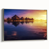 Landscape art painting of Tahiti with lush greenery and ocean, framed canvas in silver, ideal for living room decor.