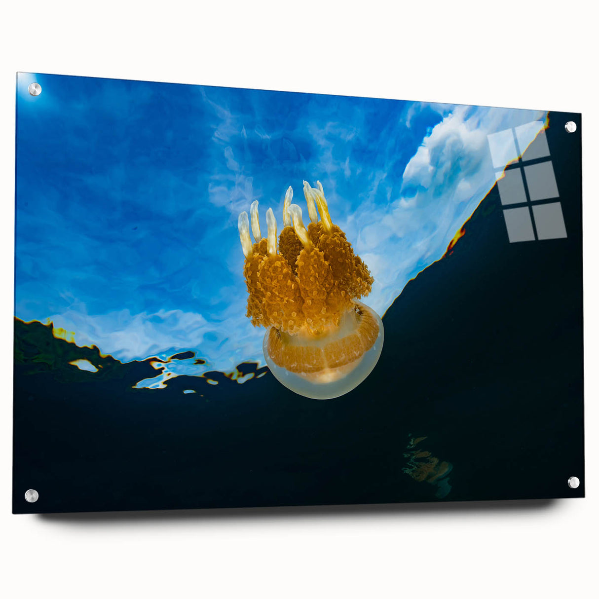 Large abstract wall art featuring oceanic blues and greens on acrylic glass, ideal for dining room decor.