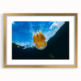 Extra large abstract art print with textured design in gold frame, featuring vibrant oceanic hues.