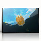 Large abstract wall art featuring swirling blue and white patterns on a framed acrylic, ideal for modern living room decor.