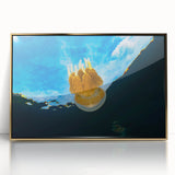 Framed acrylic print of a mid-century modernist oceanic scenery in muted blue and green tones.