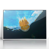 Art deco poster of Oceania scenery, featuring serene blue and aqua tones on white framed acrylic.