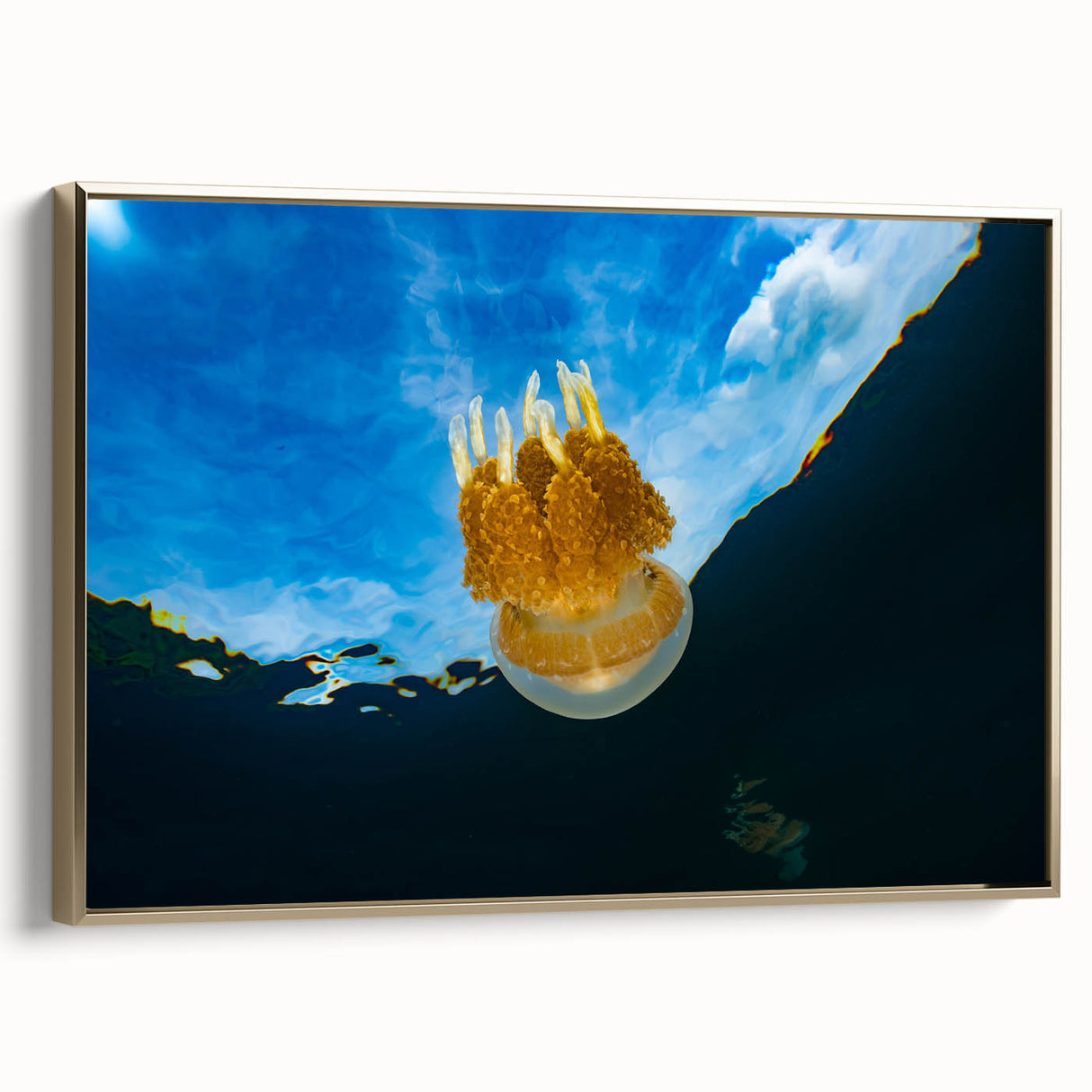 Framed canvas wall art depicting a Micronesian landscape in muted gold and black tones, suitable for bedroom decor.