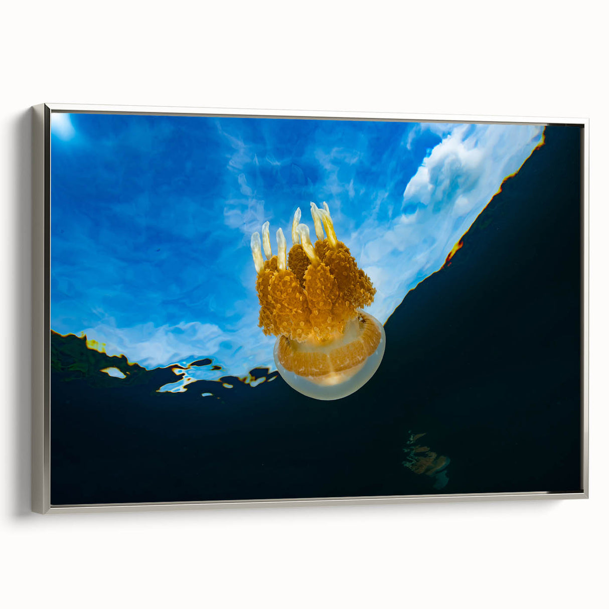 Framed canvas featuring a vintage-style landscape painting of Micronesia with vibrant blue and green hues.