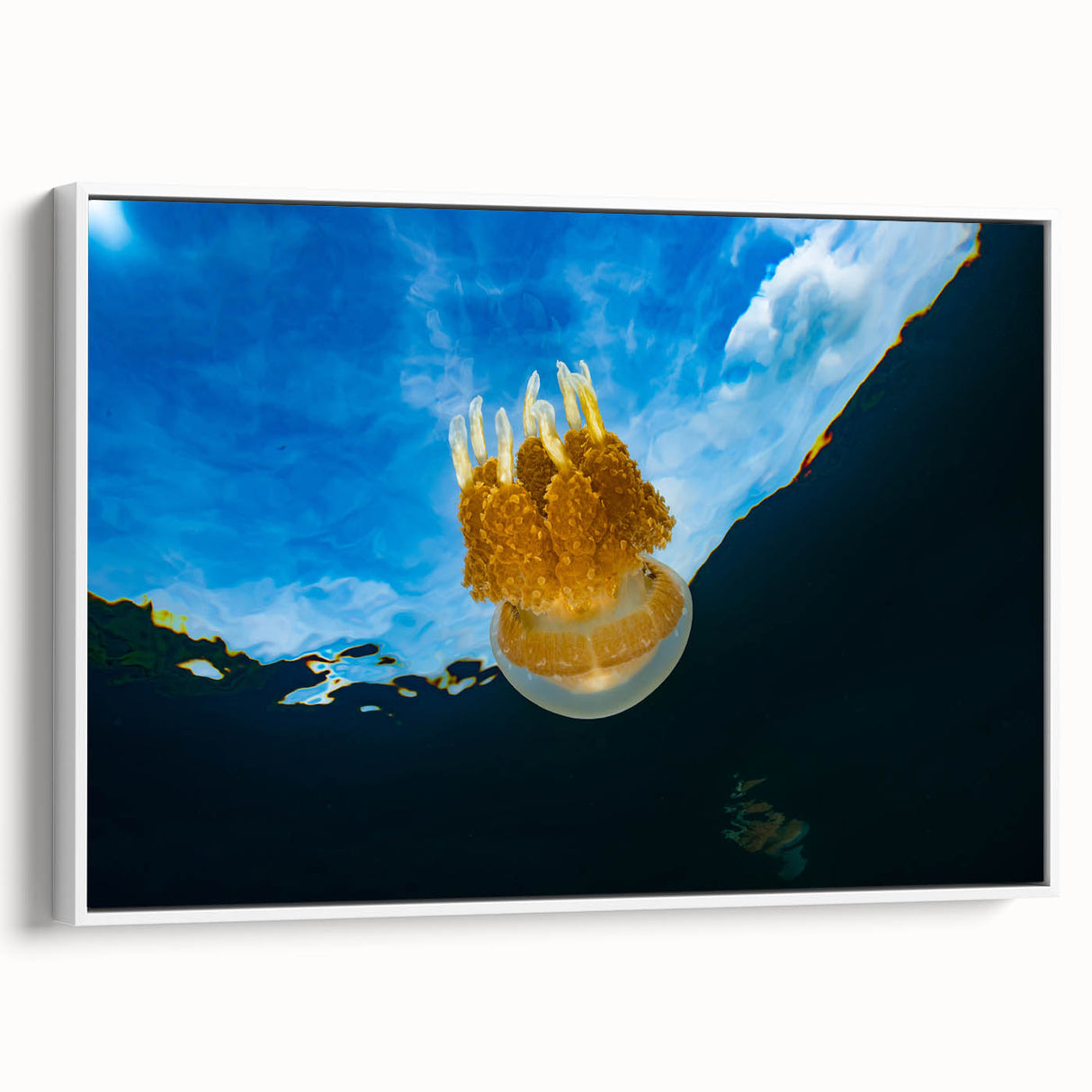 Vintage poster art of Micronesia landscape on framed canvas, featuring colorful art with a black border.