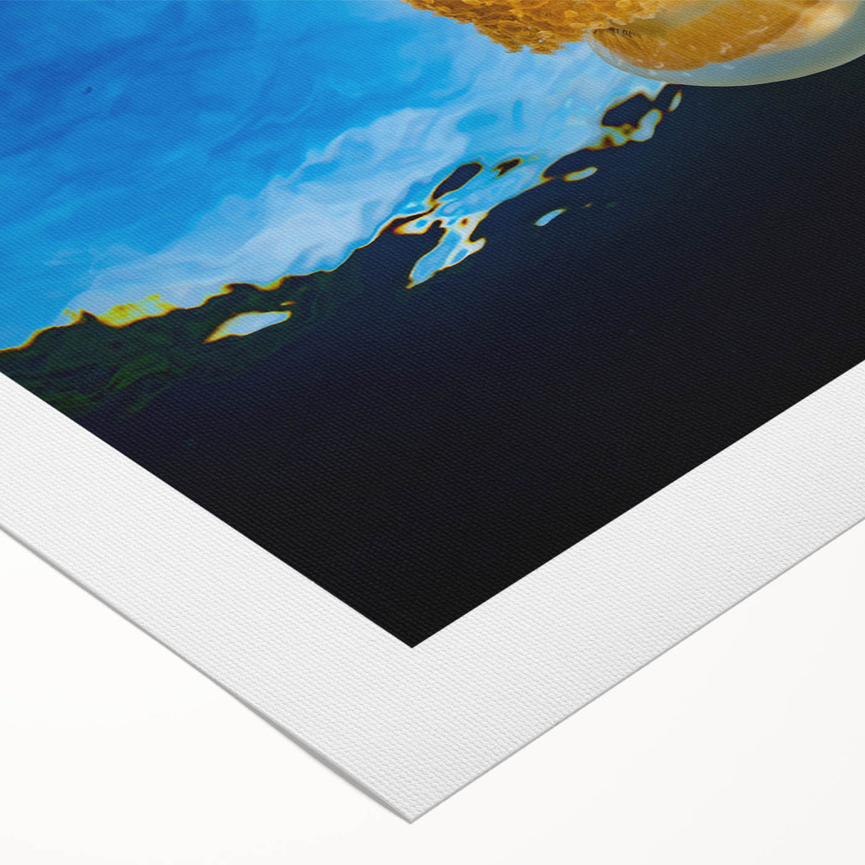 Art deco poster of an oceanic Micronesian scenery in muted blue and green hues, rolled canvas.