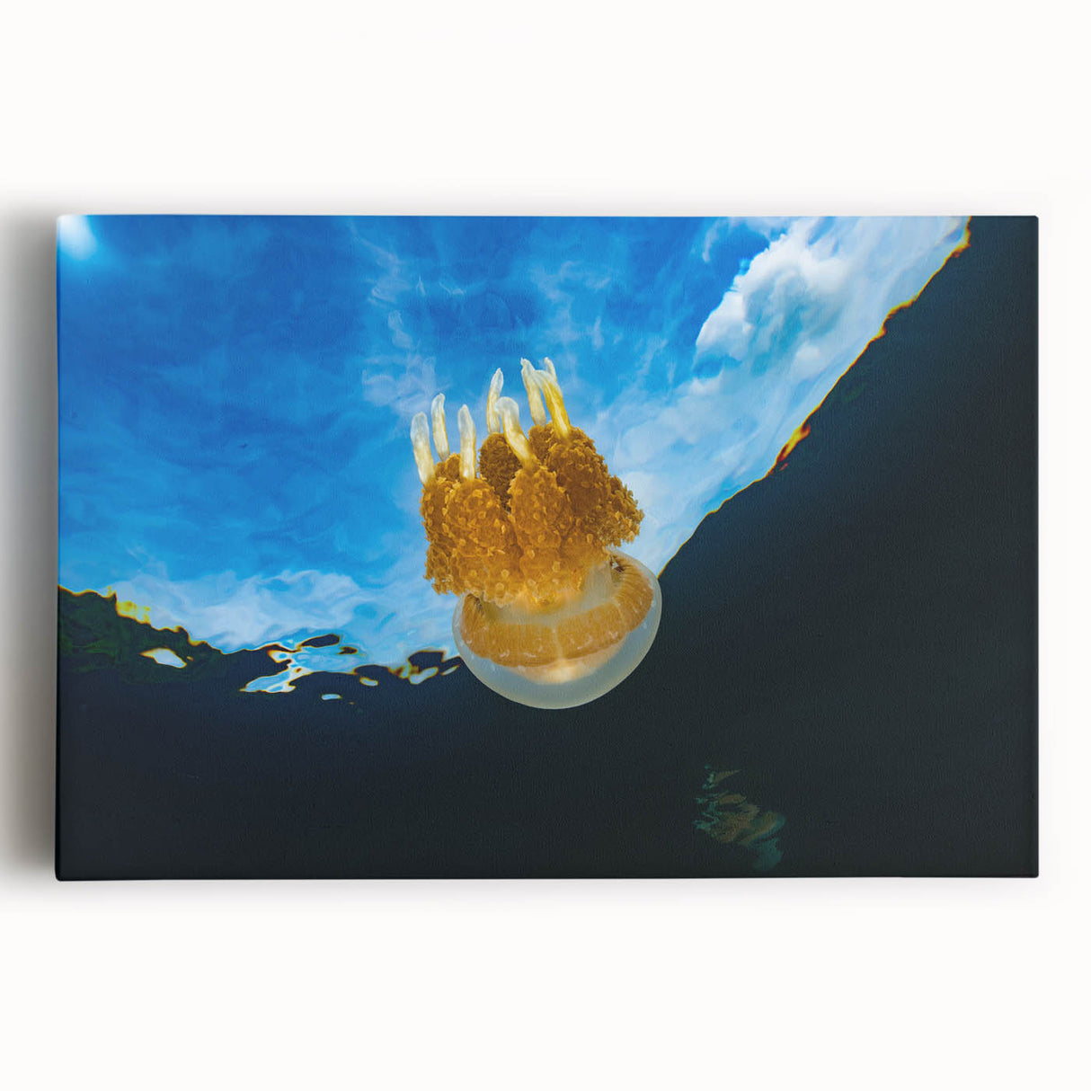 Large black and white stretched canvas of oceanic scenery, ideal for kitchen wall art.