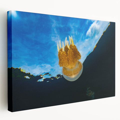 Landscape painting of an oceanic view in muted blues and greens on a stretched canvas, ideal for kitchen wall art.