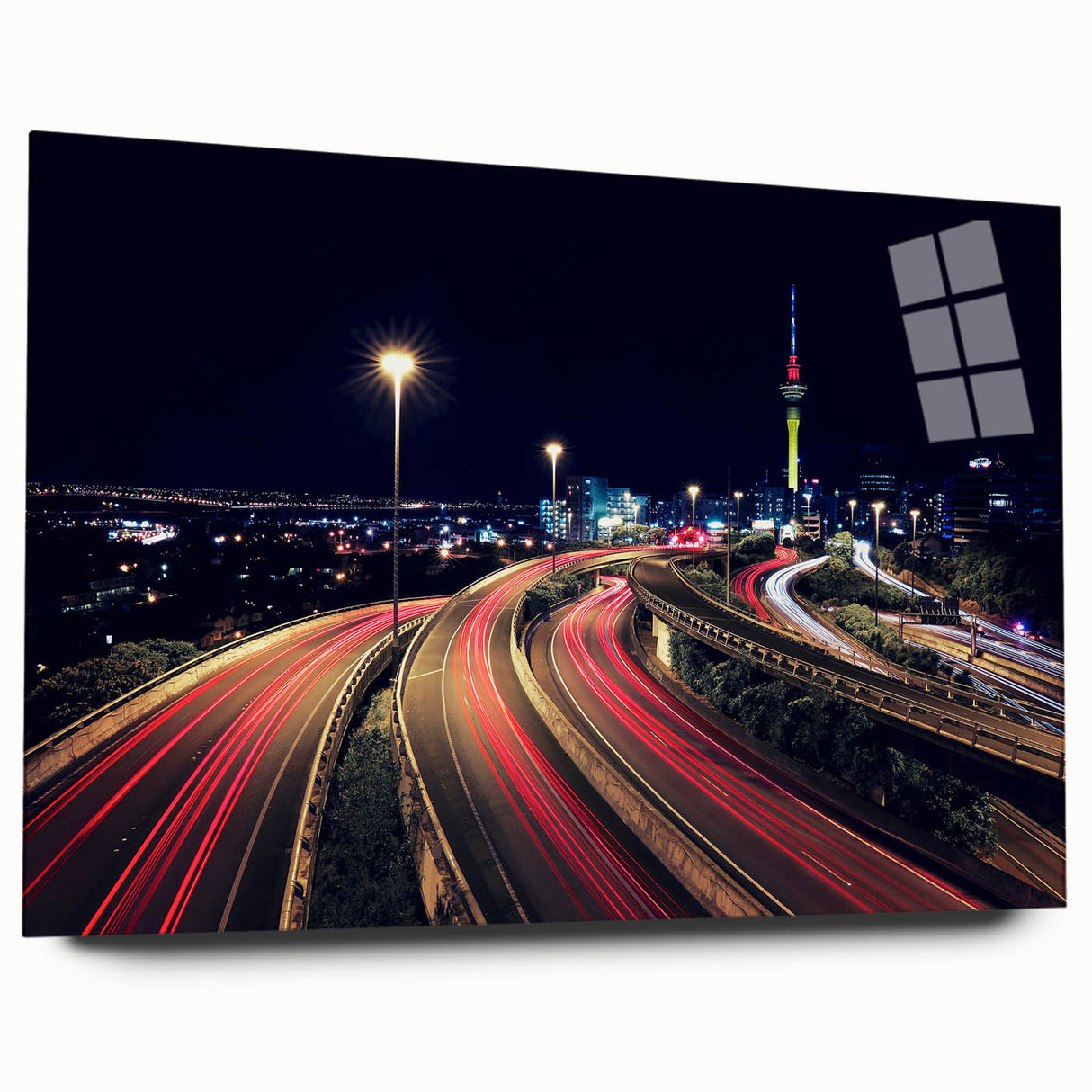 Large abstract depiction of Auckland skyline in muted blues and greens on acrylic glass.