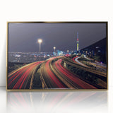 Mid-century modernist art of Auckland skyline in muted gold and blue tones on framed acrylic.