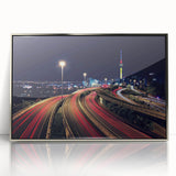 Mid-century modernist art of Auckland skyline in pastel hues on a silver-framed acrylic, suitable for nursery wall art.