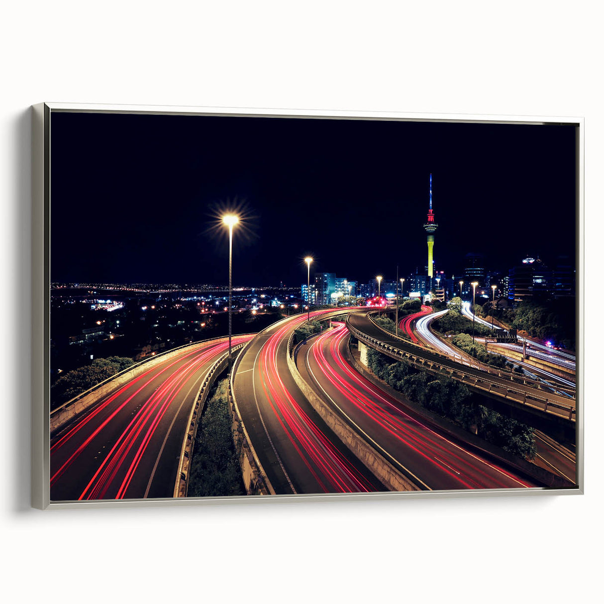 Framed canvas of vintage-style Auckland landscape with black and silver tones, ideal for bedroom wall art.