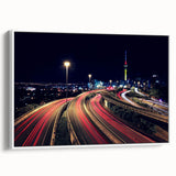 Landscape art painting of Auckland skyline, vibrant colors on white framed canvas, ideal for living room decor.