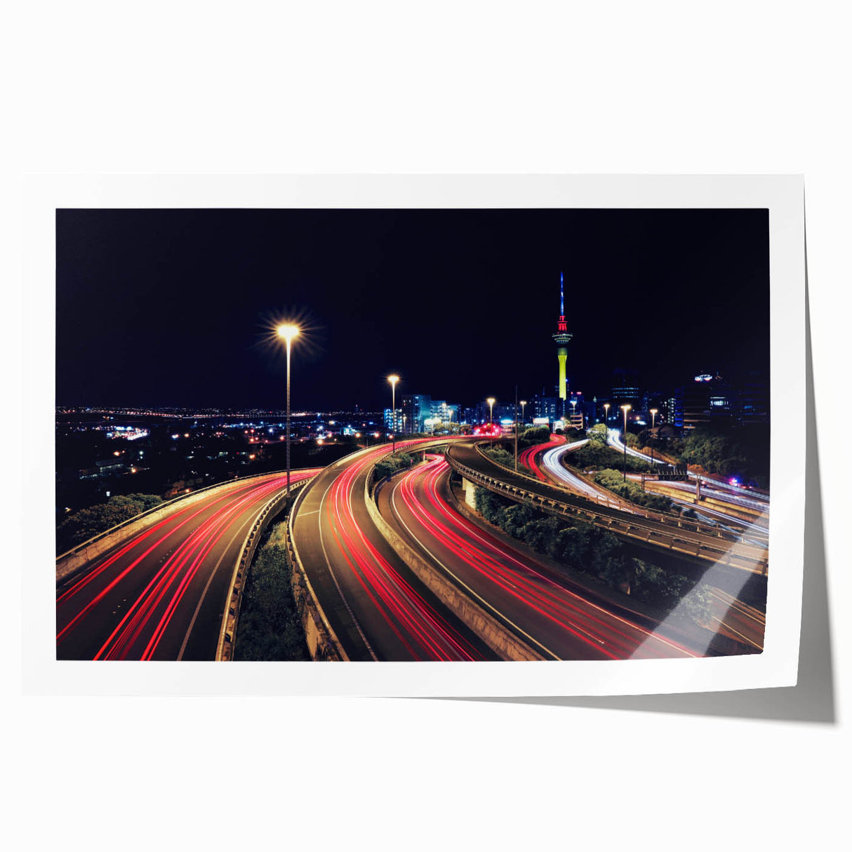 Extra large rolled print of Auckland skyline in muted blue tones, ideal for dining room wall art.