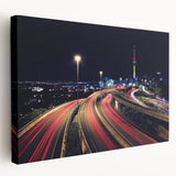 Large art depicting the Auckland skyline on stretched canvas, using muted gray and blue tones, suitable for kitchen wall art.