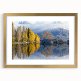 Abstract art print of Otago, New Zealand, in textured shades of blue and gray on a gold-framed canvas.