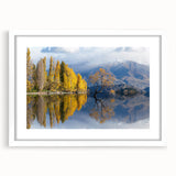Abstract art print of Otago, New Zealand landscape in muted earth tones on a framed white canvas.
