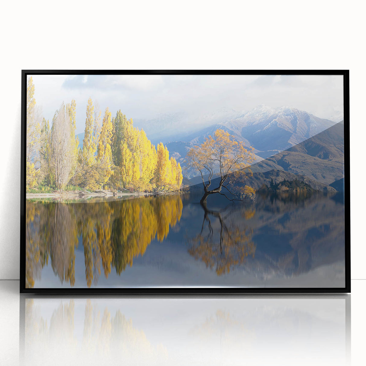 Large abstract wall art depicting the Otago, New Zealand coastline in mid-century modernist style, framed in black acrylic.