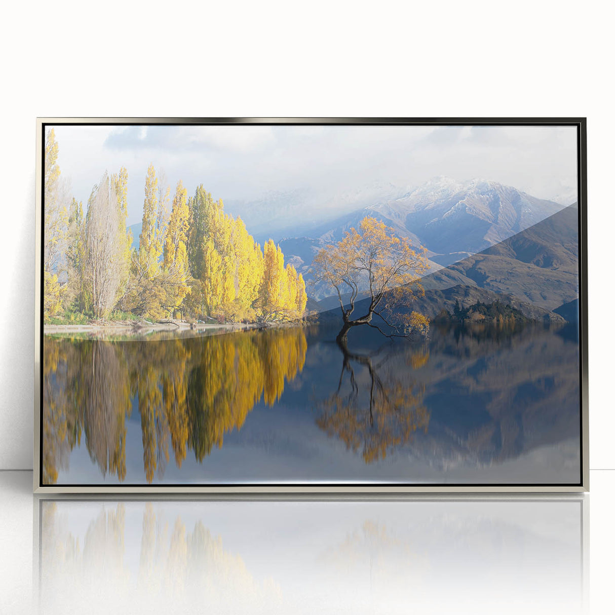 Mid-century modernist art depicting Otago, New Zealand scenery in muted earth tones on a silver-framed acrylic.