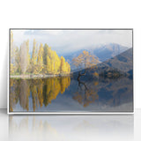 Acrylic print of Otago, New Zealand scenery in art deco style with muted blue and green tones.