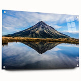 Mid-century modernist art of Mount Taranaki in muted earth tones on acrylic glass, ideal for nursery wall decor.